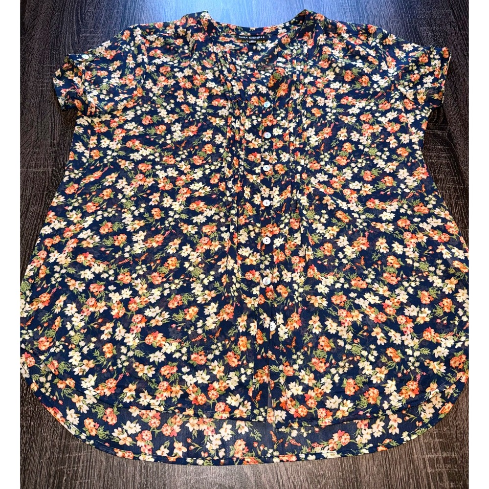 Sara Michelle‎ Floral Print V Neck Short Sleeve Blouse Top Women XL